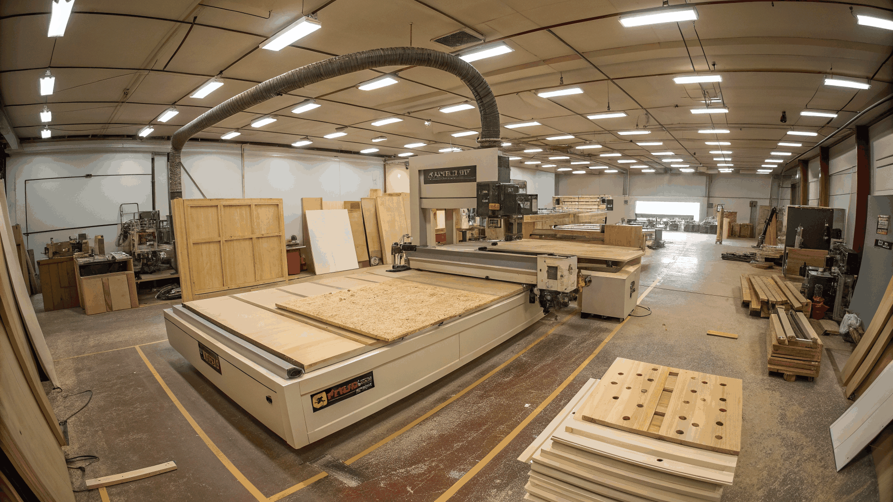 Interior of the modern cabinet shop with organized lumber and machinery