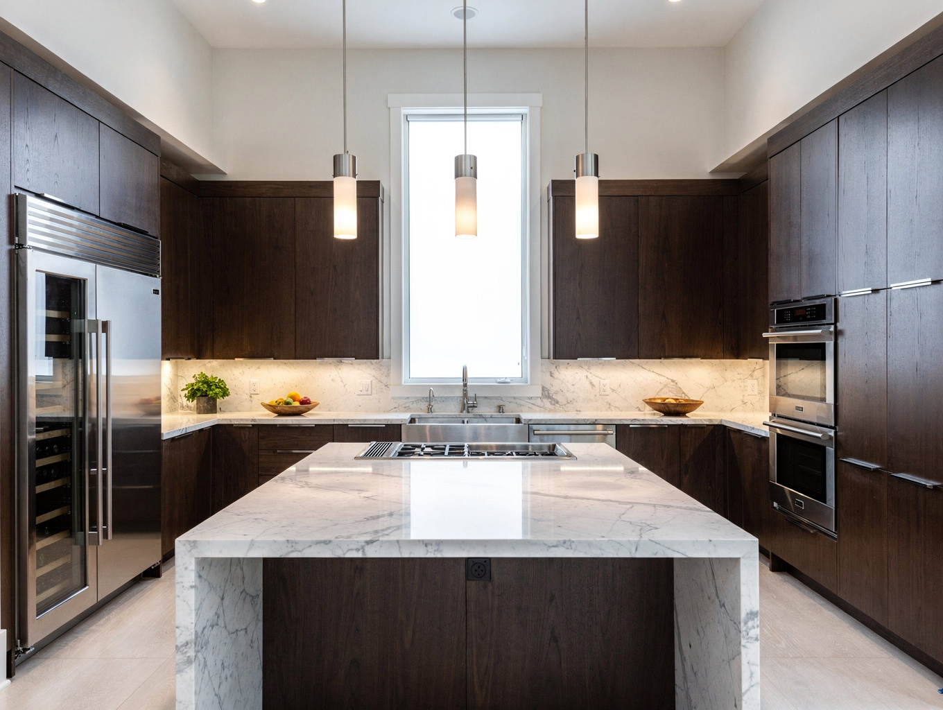 Modern kitchen featuring custom walnut cabinets and integrated lighting
