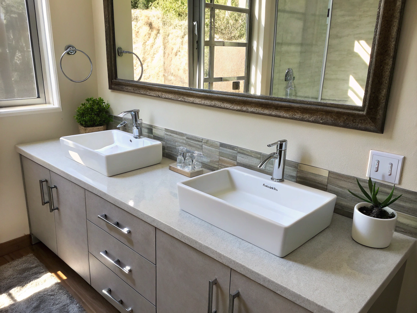 Double sink white oak vanity in master bathroom