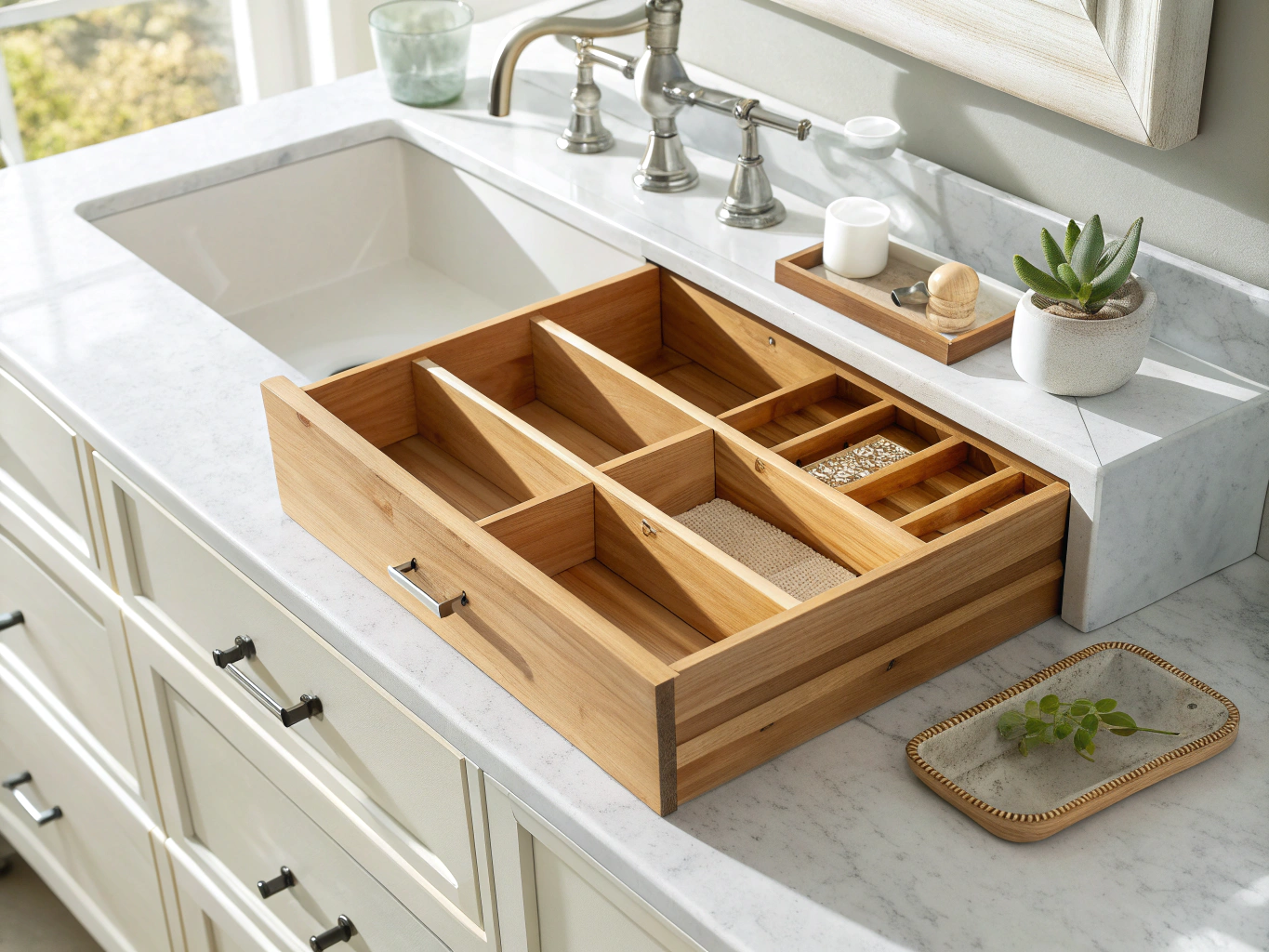 Custom drawer organization in bathroom vanity