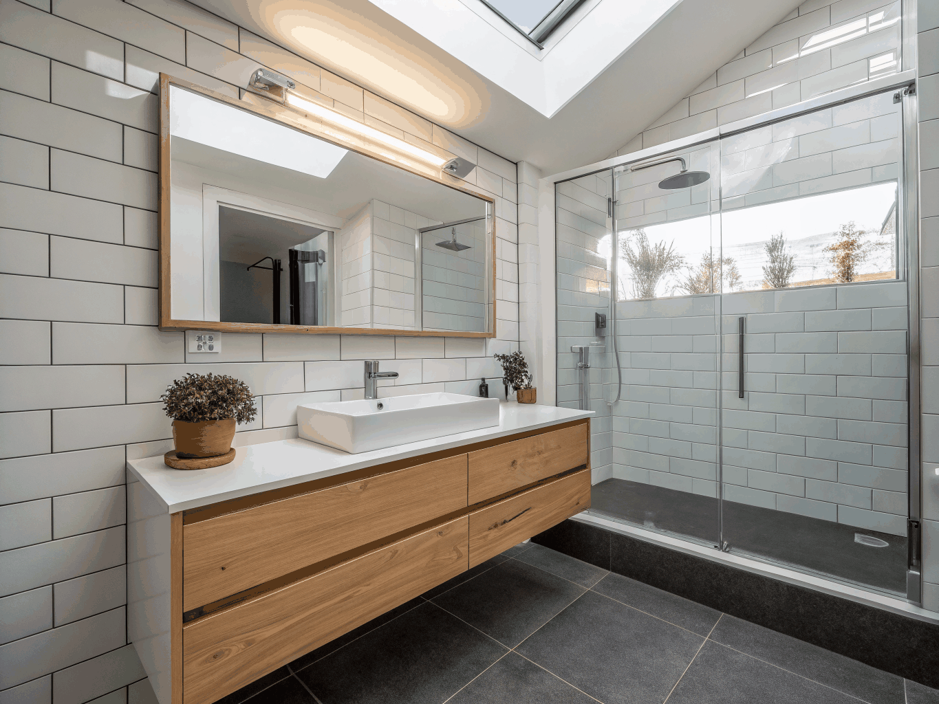 Floating oak vanity in a master bathroom