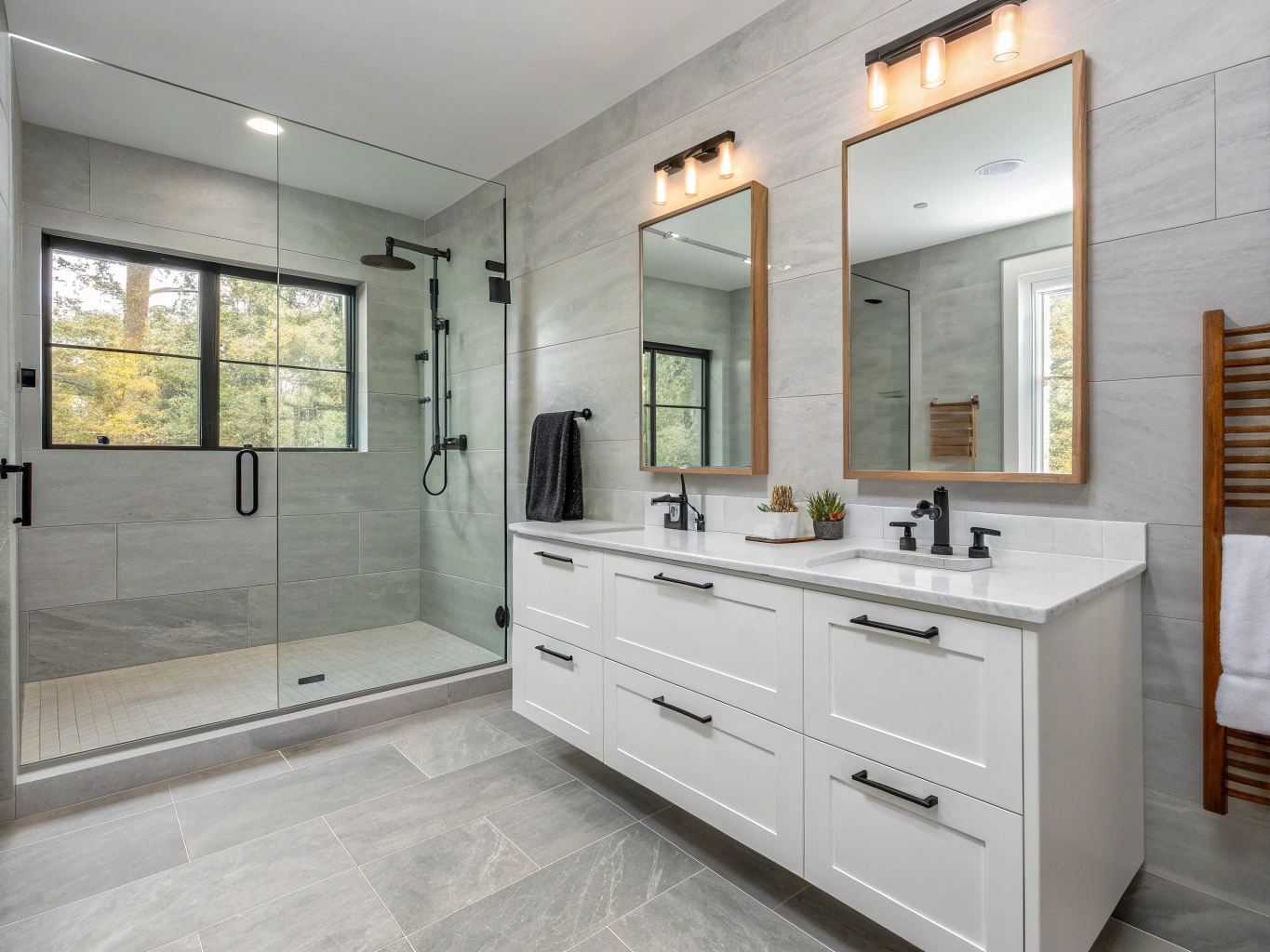 Modern bathroom vanity and linen cabinet