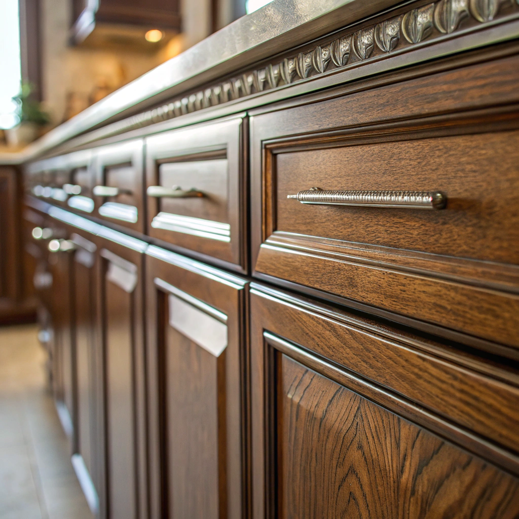Close-up of premium cabinet hardware and wood finish