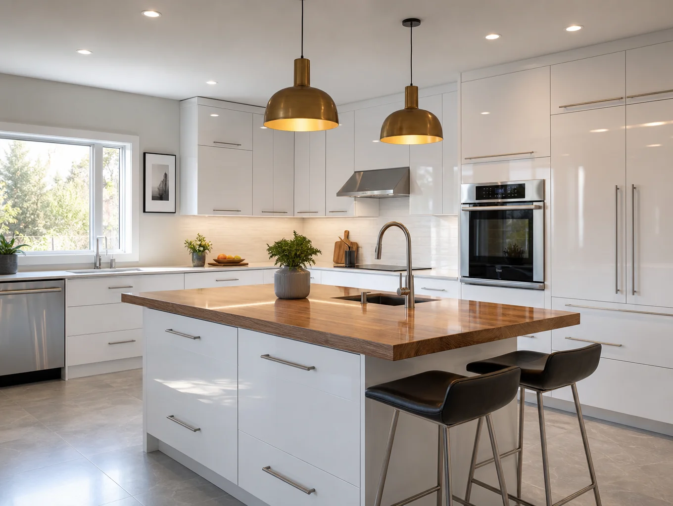 Custom white shaker kitchen cabinets with walnut accents