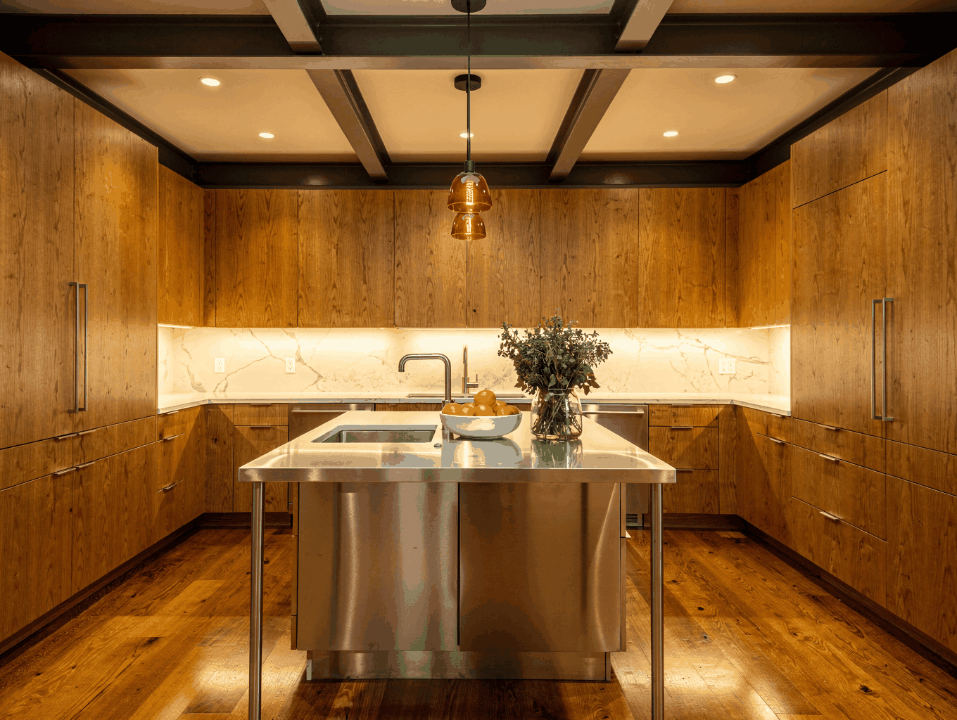 Custom oak kitchen cabinets with modern hardware