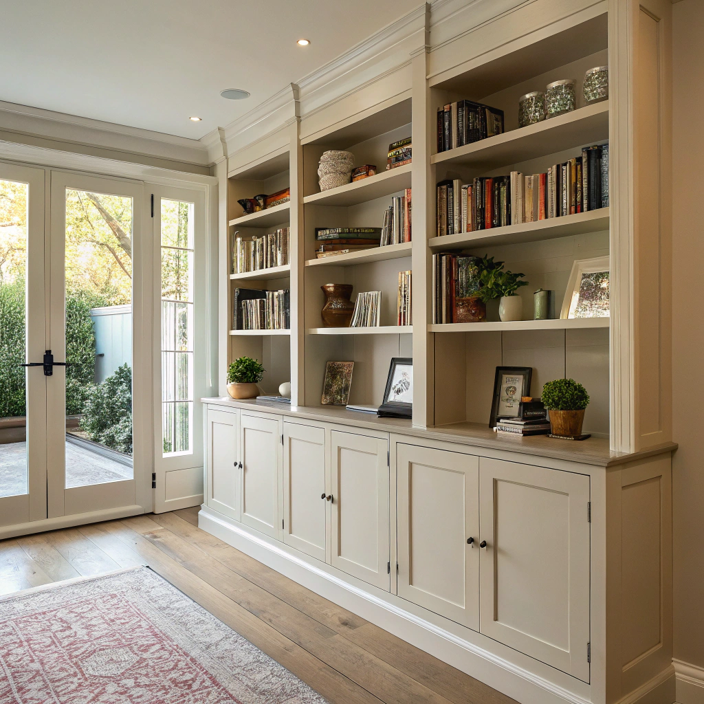 Custom floor-to-ceiling storage built-ins in living room