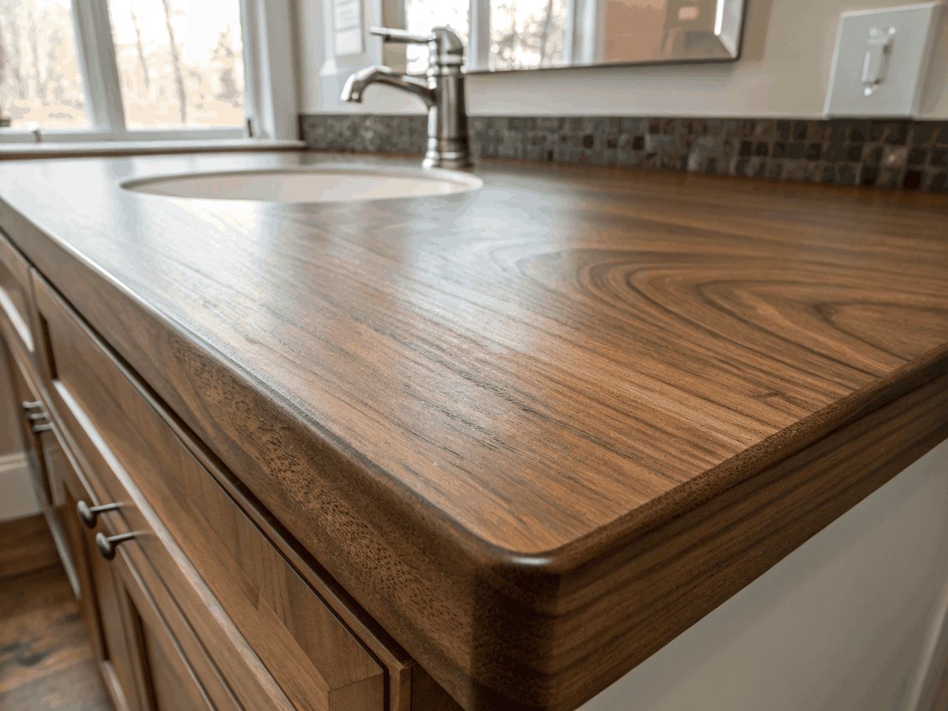 Handcrafted solid wood bathroom vanity material with natural grain