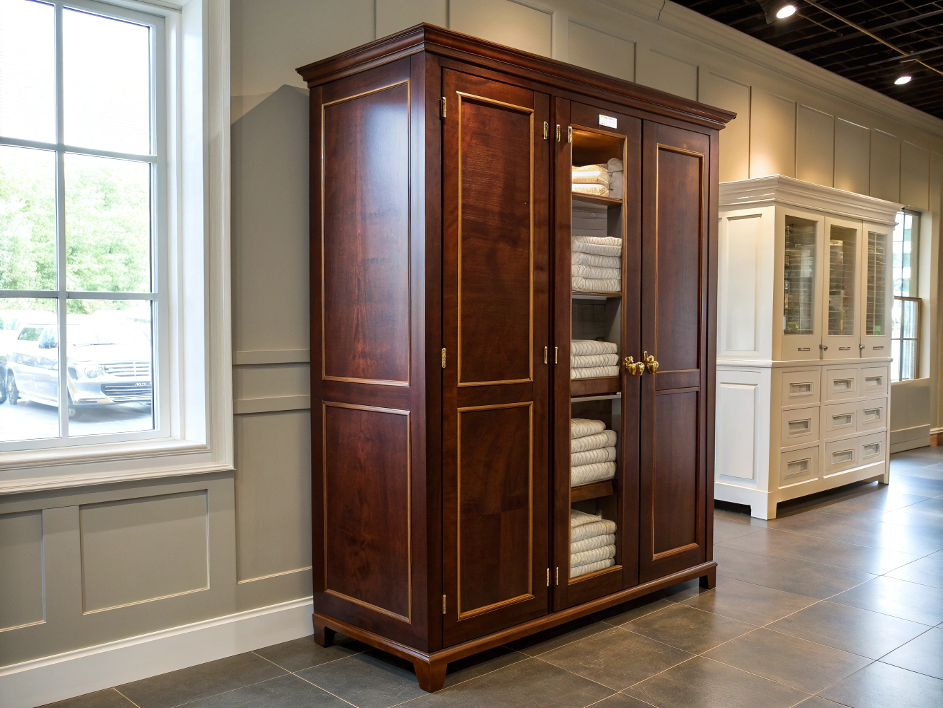 Rich stained wood finish on a bathroom cabinet