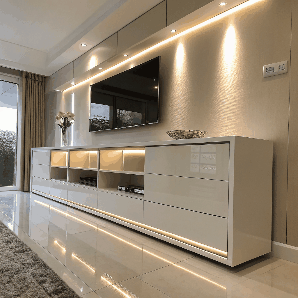 Custom floor-to-ceiling living room storage unit in Boca Raton