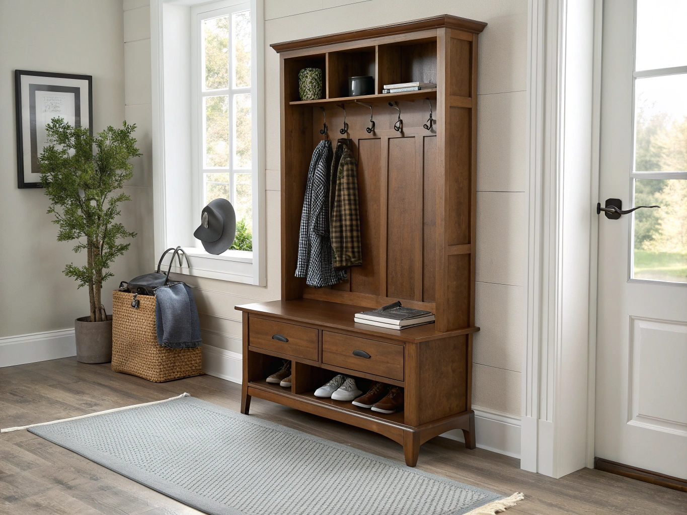 Custom mudroom lockers with integrated bench seating in Palm Beach Gardens