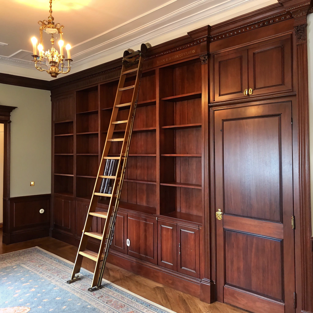 Floor to ceiling custom cherry wood library shelving