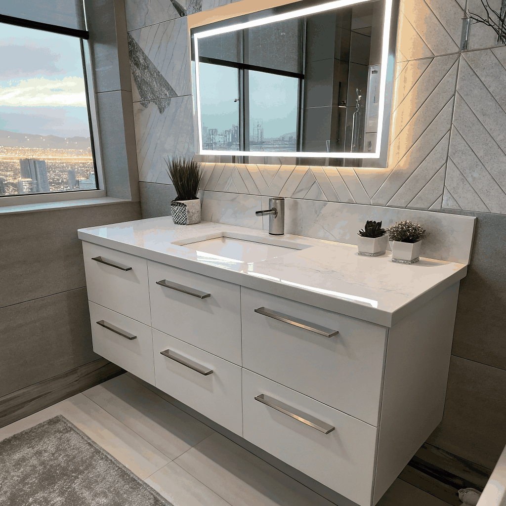 Charcoal oak vanity with quartz countertop in Jupiter