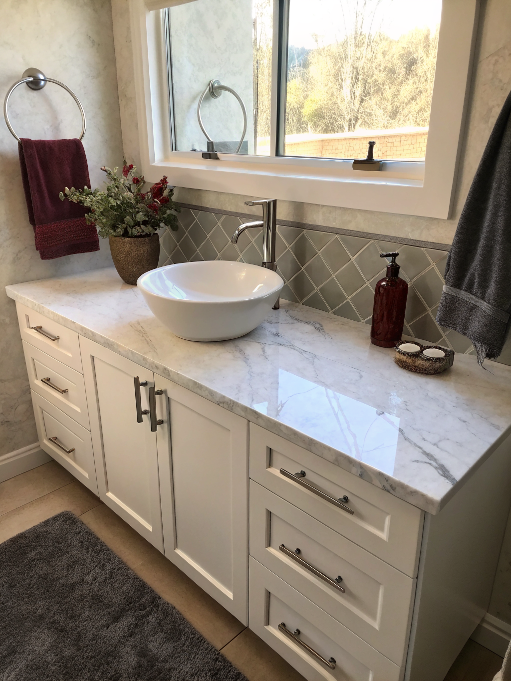 Handcrafted bathroom vanity with walnut finish and marble countertop