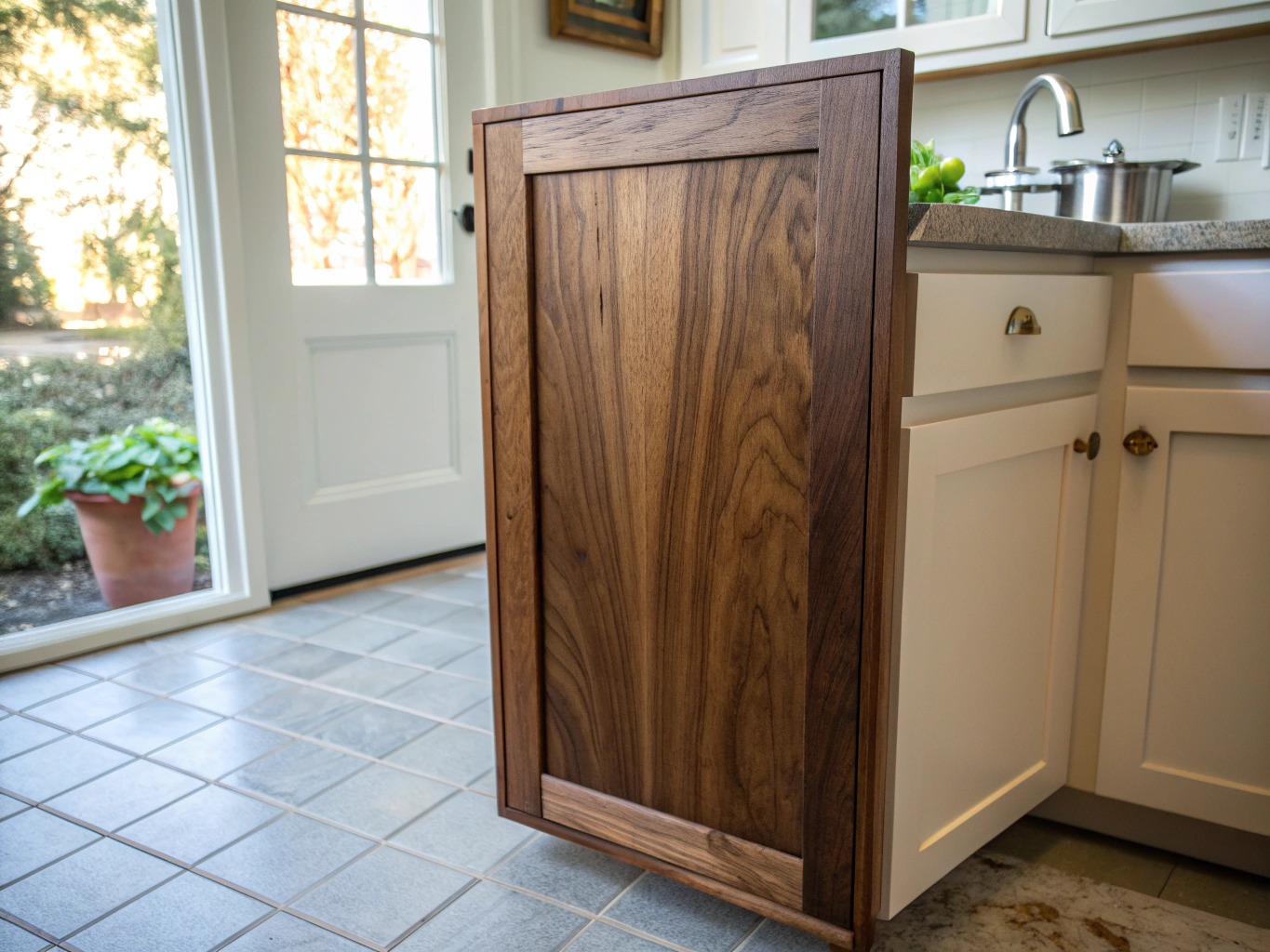Close up of walnut cabinet grain and hardware