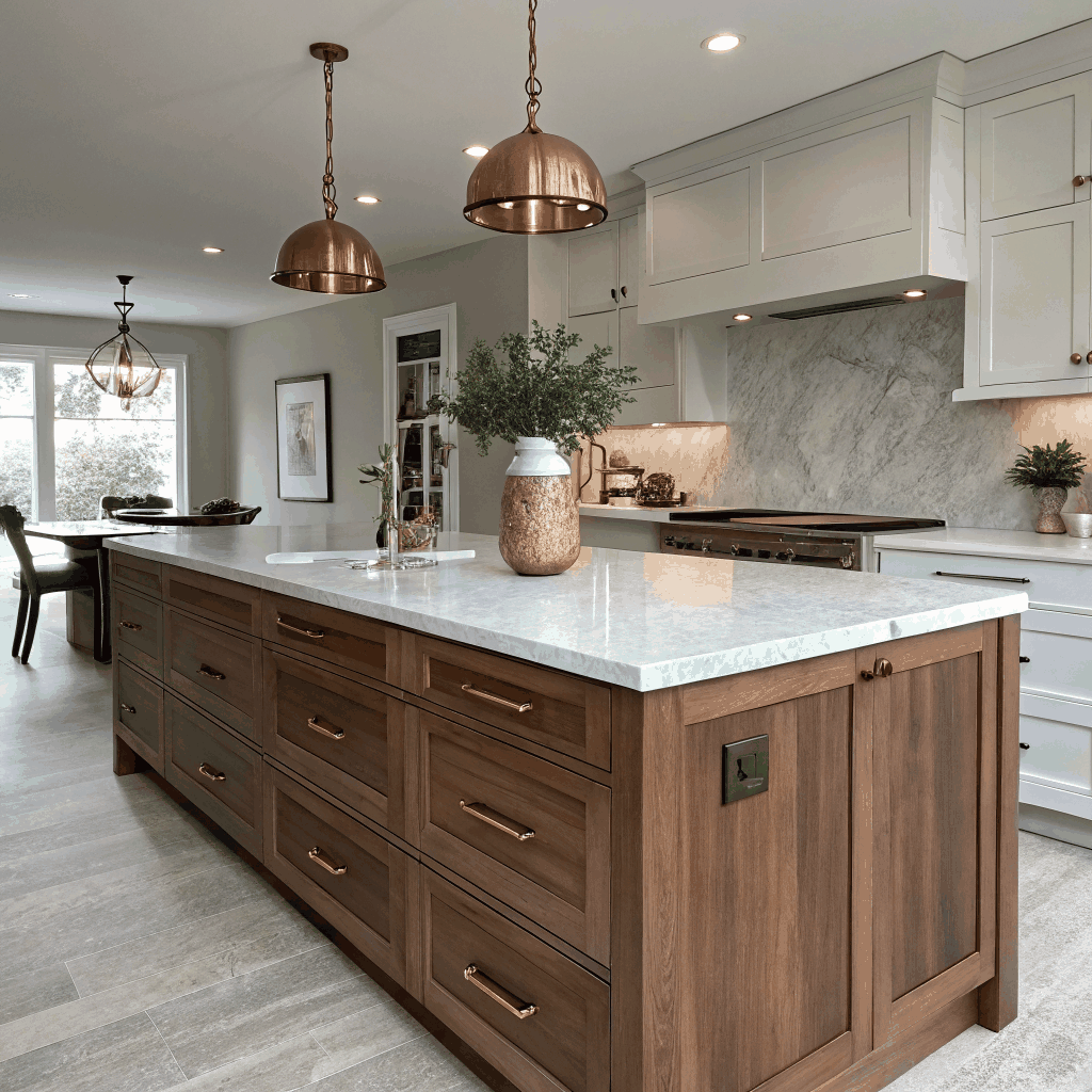 Custom walnut kitchen island with marble countertop