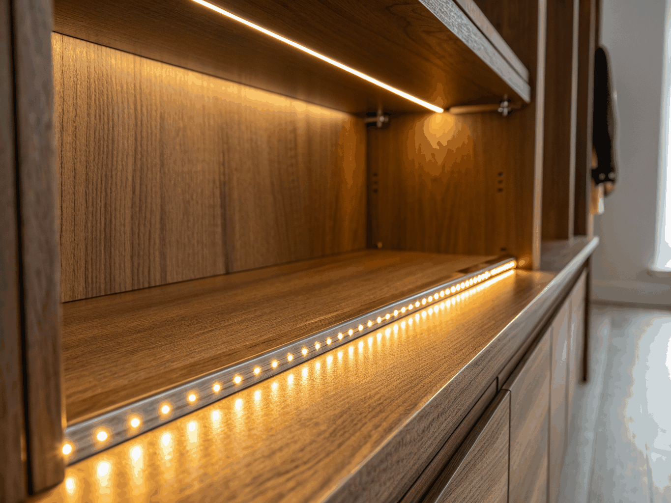 Integrated under-cabinet lighting in walnut kitchen