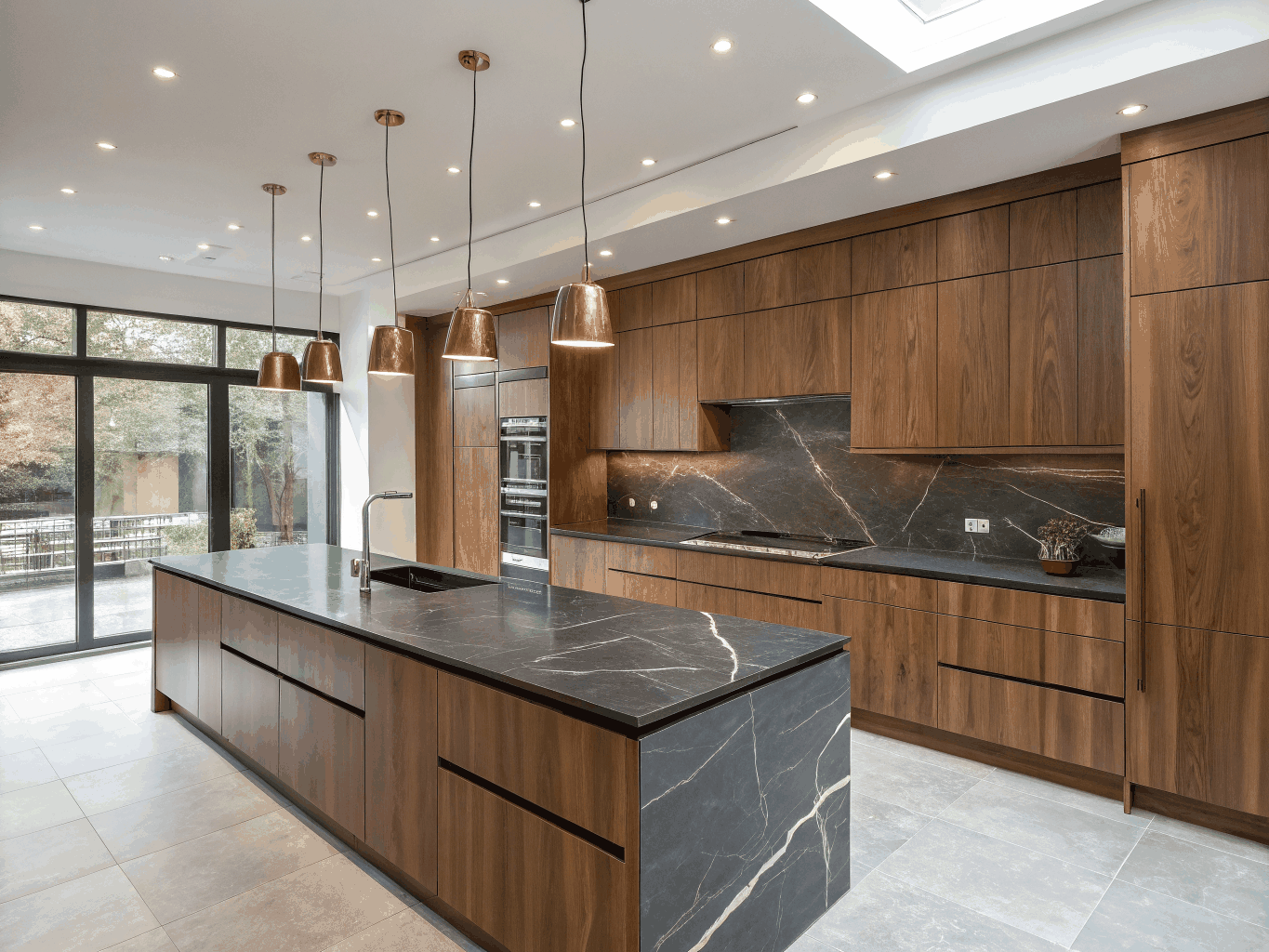 Modern kitchen featuring custom walnut cabinets and integrated lighting