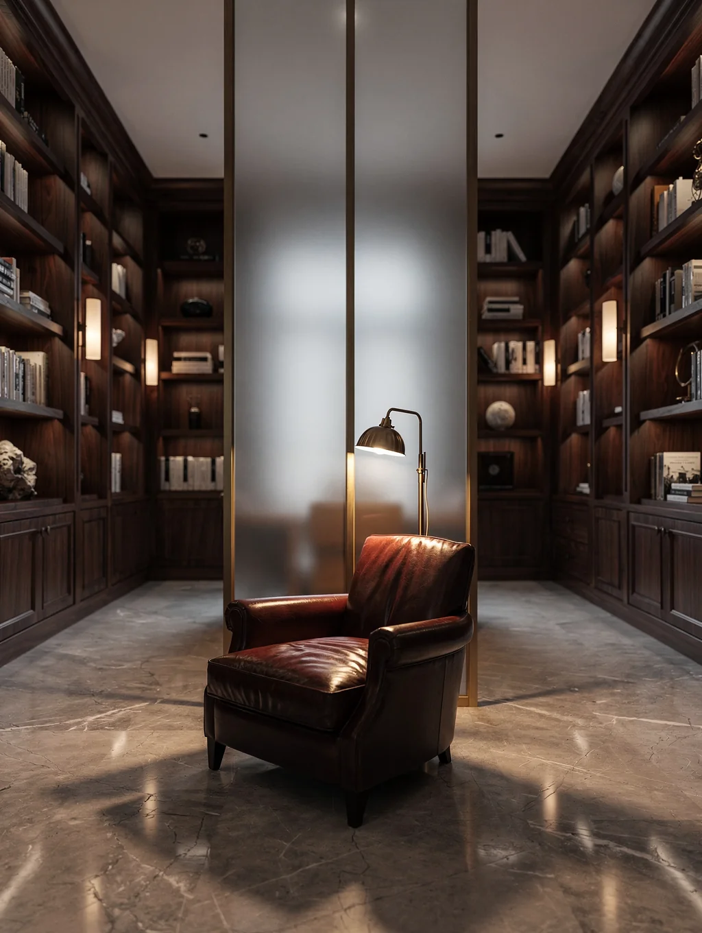 Floor to ceiling walnut library cabinets with integrated lighting