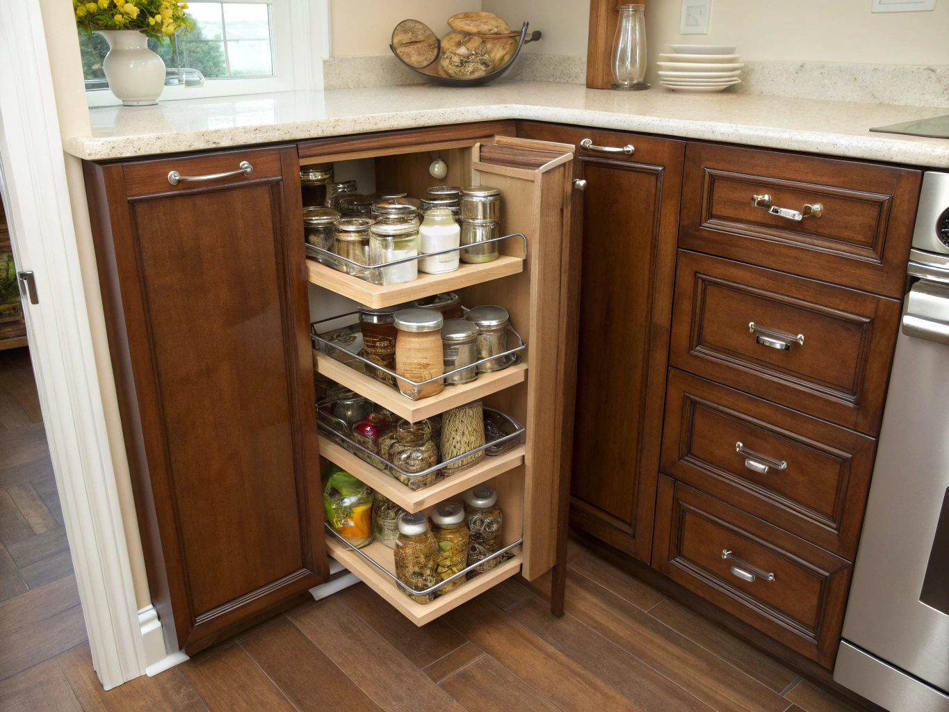 Custom pantry storage with pull-out drawers